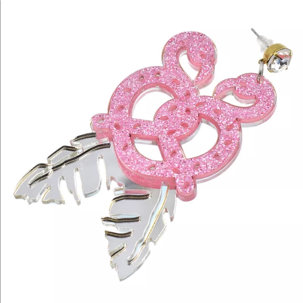 Pink flamingo mirror glitter heart earrings huge reflective silver oversized big - Picture 4 of 5